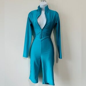 Turquiose Mock Neck Biker Suit Zipper Front Closure Size L NWOT